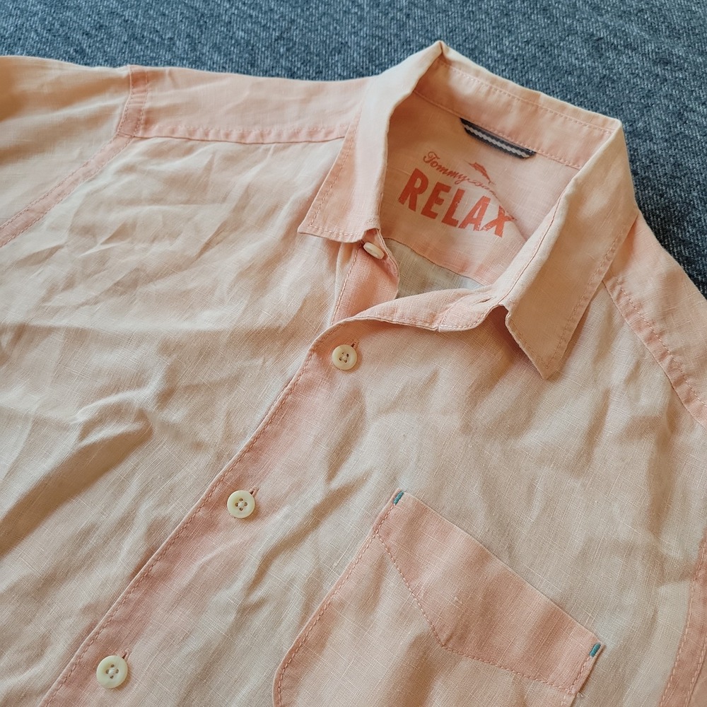 Tommy Bahama Shirt Men's Medium Orange 100% Linen Relax Button Up Long Sleeve